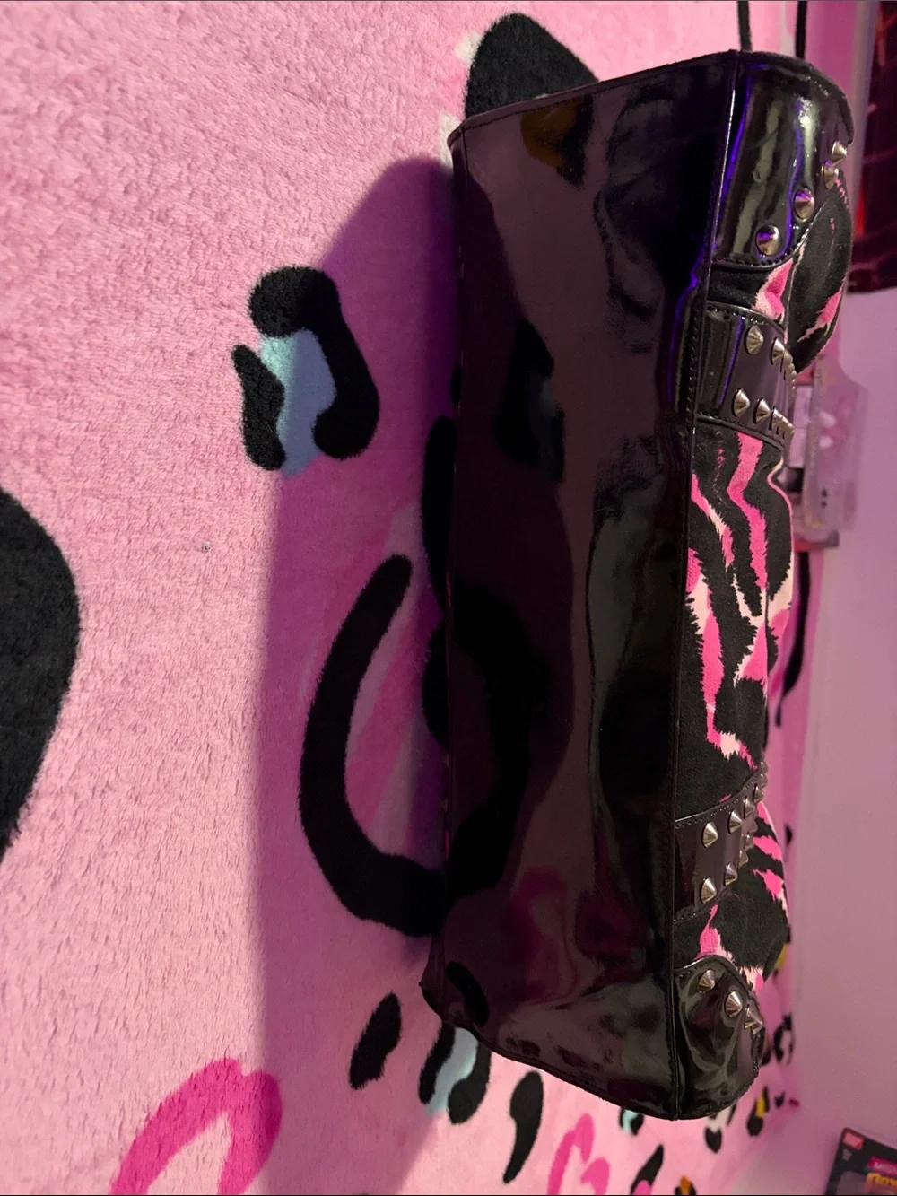 Pink and Black Zebra-Print Studded Shoulder Bag